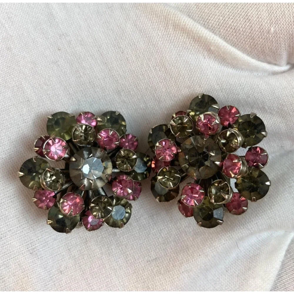 Vintage Rhinestone Cluster Earrings Clip On Pink Gray Prong Set Coquette Girl